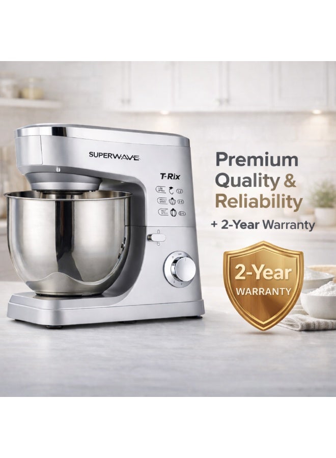 سوبر ويف تي-ريكس عجانة كهربائية 1500 واط، وعاء ستانلس ستيل 7 لتر، 6 سرعات، 3 ملحقات، فضي - Image 5